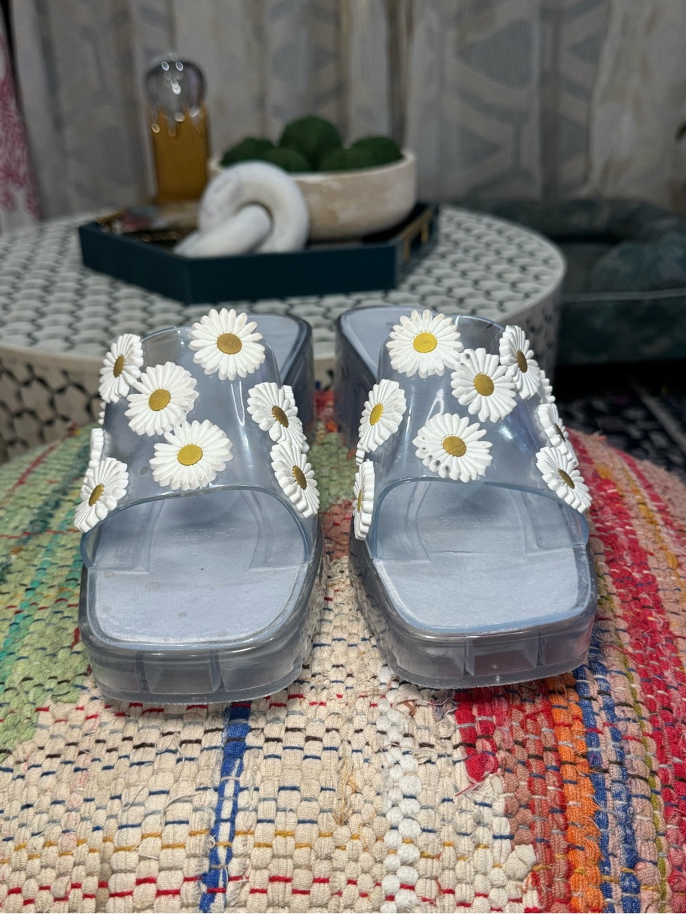 ◻️🌼▫️ASOS Clear Daisy Embellished Platform Heeled‎ Slide Sandals ▫️🌼◻️ - Picture 4 of 8